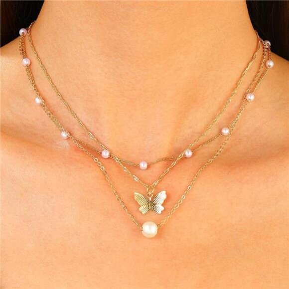 Layered Butterfly Pearl Pendant Necklace Set for Women Trendy 14k Gold Chain - Picture 3 of 8